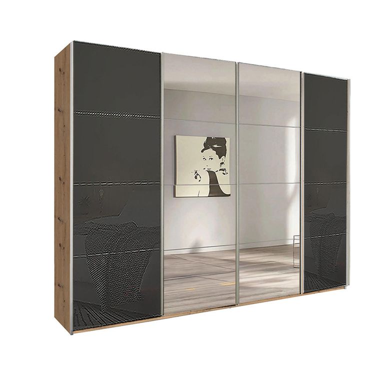 Beluga Extra Sliding Wardrobe - 271cm - 4 Door - Mirror - Artisan Oak & Basalt Glass