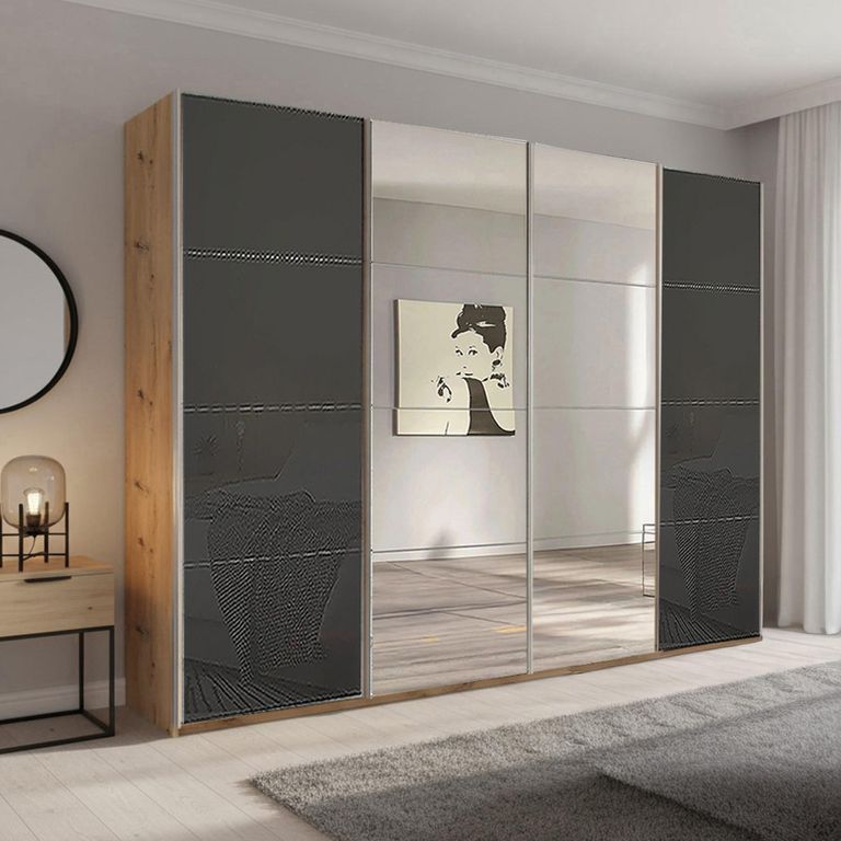 Beluga Extra Sliding Wardrobe - 271cm - 4 Door - Mirror - Artisan Oak & Basalt Glass
