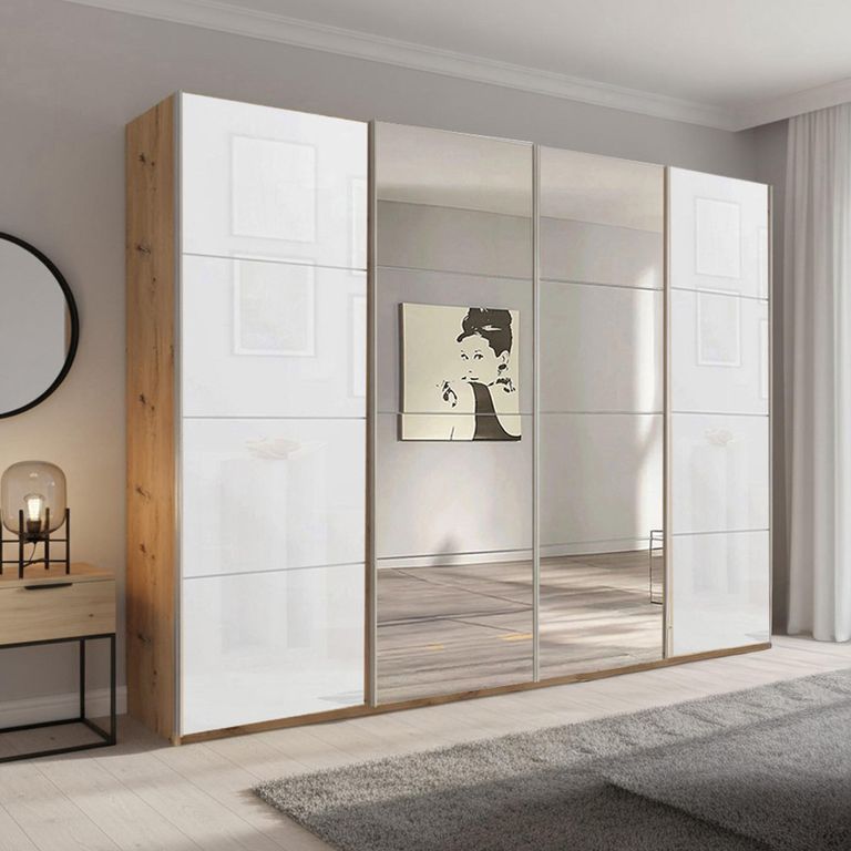 Beluga Extra Sliding Wardrobe - 271cm - 4 Door - Mirror - Artisan Oak & White Glass