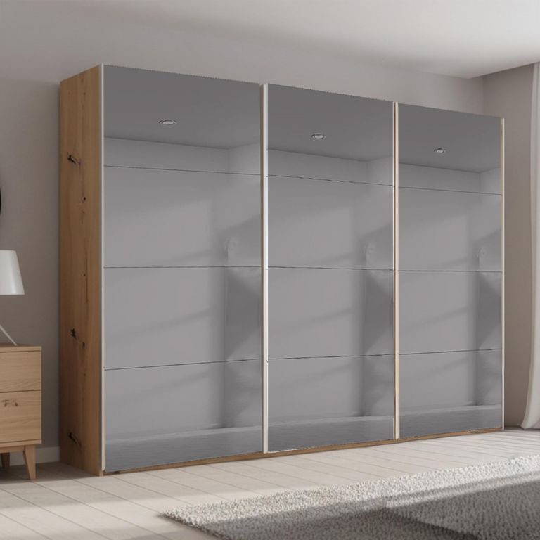 Beluga Extra Sliding Wardrobe - 316cm - 3 Door - Grey Mirrored - Artisan Oak