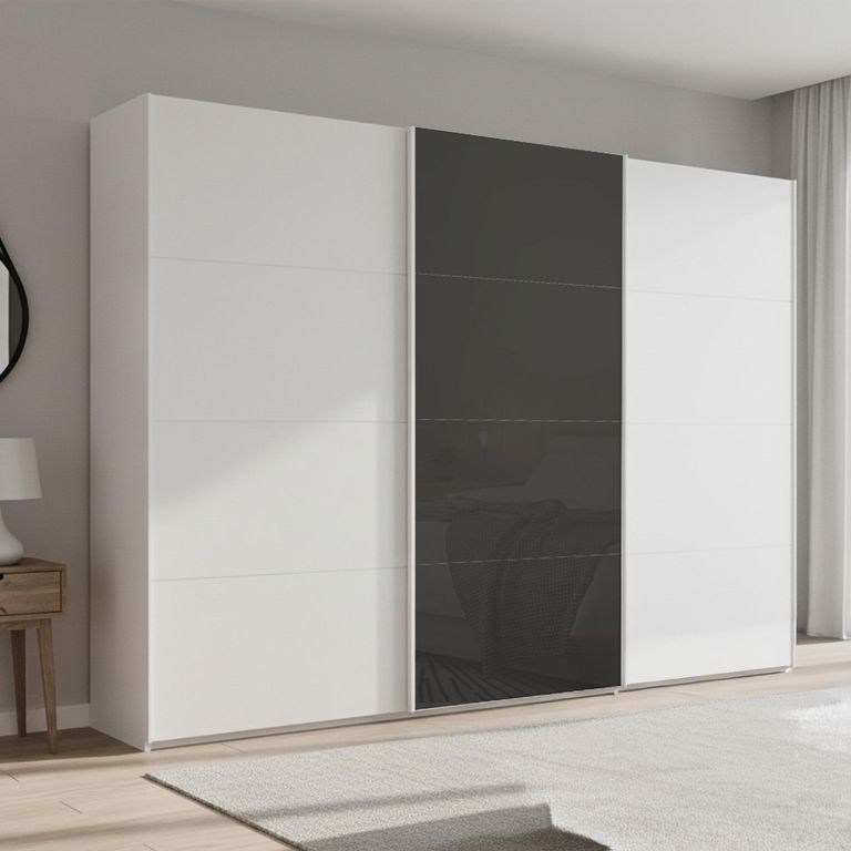 Beluga Extra Sliding Wardrobe - 316cm - 3 Door - Alpine White & Basalt Glass Front