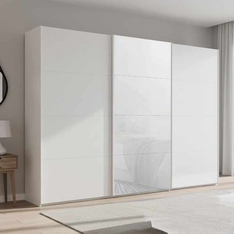 Beluga Extra Sliding Wardrobe - 316cm - 3 Door - Alpine White & White Glass Front