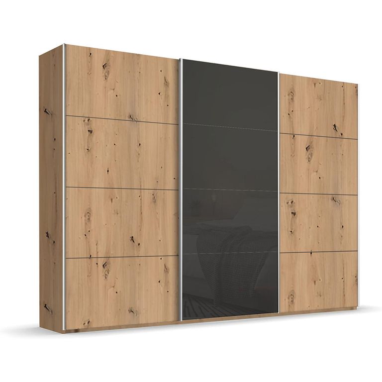 Beluga Extra Sliding Wardrobe - 316cm - 3 Door - Artisan Oak & Basalt Glass Front