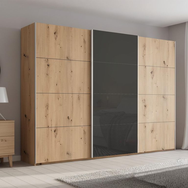 Beluga Extra Sliding Wardrobe - 316cm - 3 Door - Artisan Oak & Basalt Glass Front