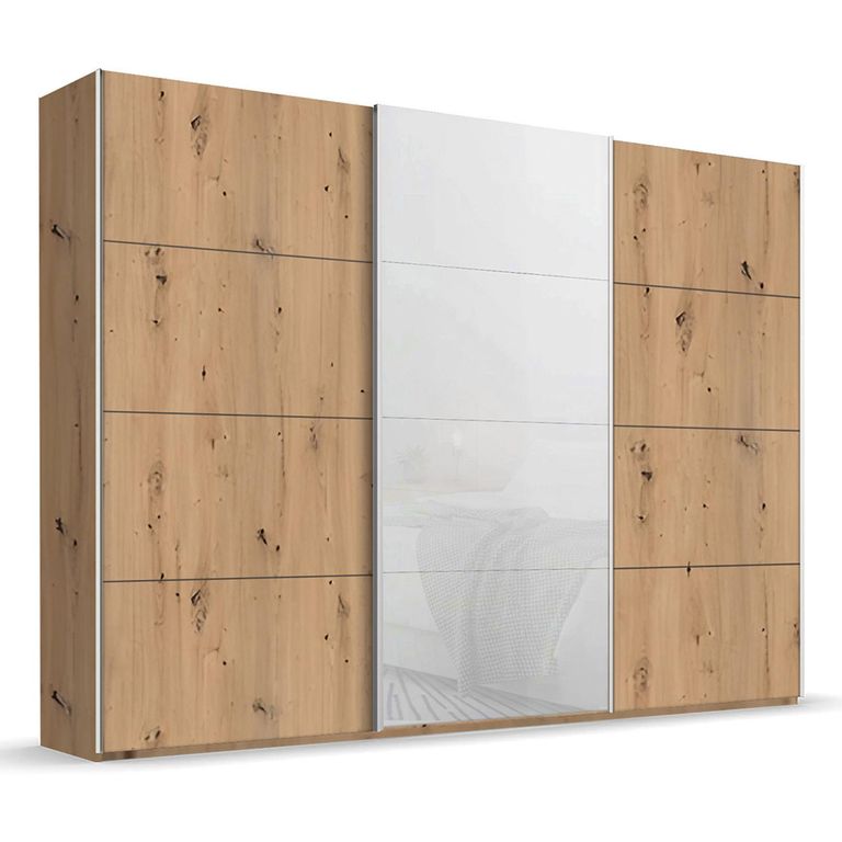 Beluga Extra Sliding Wardrobe - 316cm - 3 Door - Artisan Oak & White Glass Front