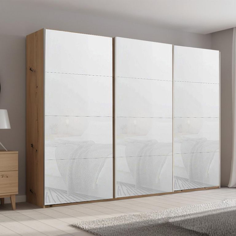 Beluga Extra Sliding Wardrobe - 316cm - 3 Door - Artisan Oak & White Glass