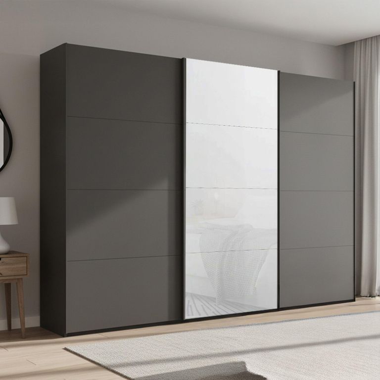 Beluga Extra Sliding Wardrobe - 316cm - 3 Door - Graphite & White Glass Front