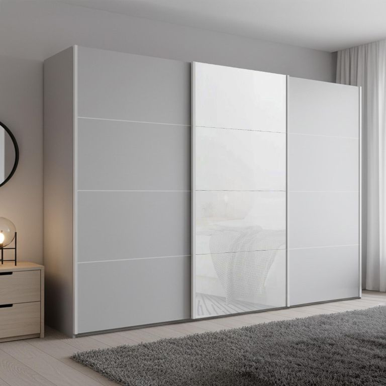 Beluga Extra Sliding Wardrobe - 316cm - 3 Door - Silk Grey & White Glass Front