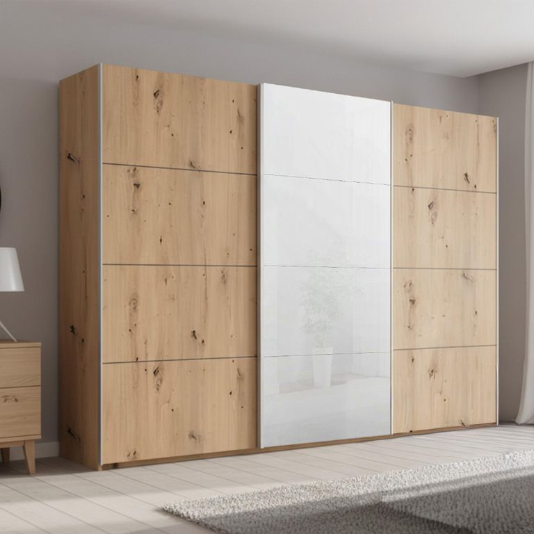 Beluga Extra Sliding Wardrobe - 316cm - 3 Door - White High Gloss & Artisan Oak Front
