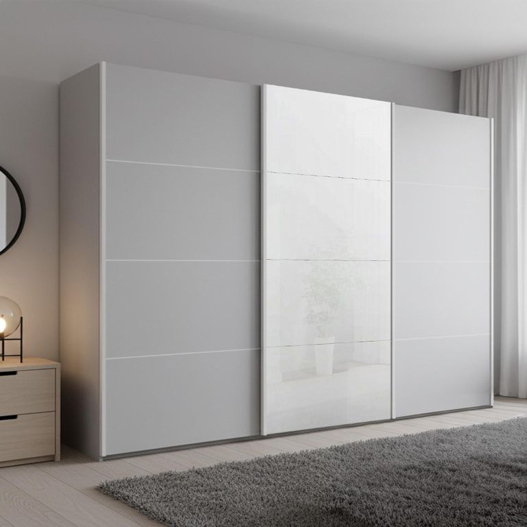 Beluga Extra Sliding Wardrobe - 316cm - 3 Door - White High Gloss & Silk Grey Front