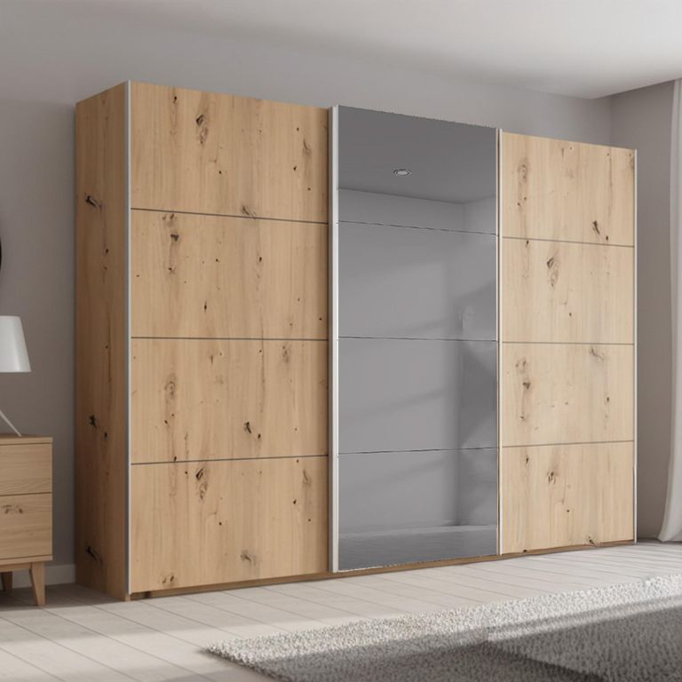 Rauch Beluga Extra 316cm 3 Door Sliding Wardrobe with Grey Mirror - Artisan Oak
