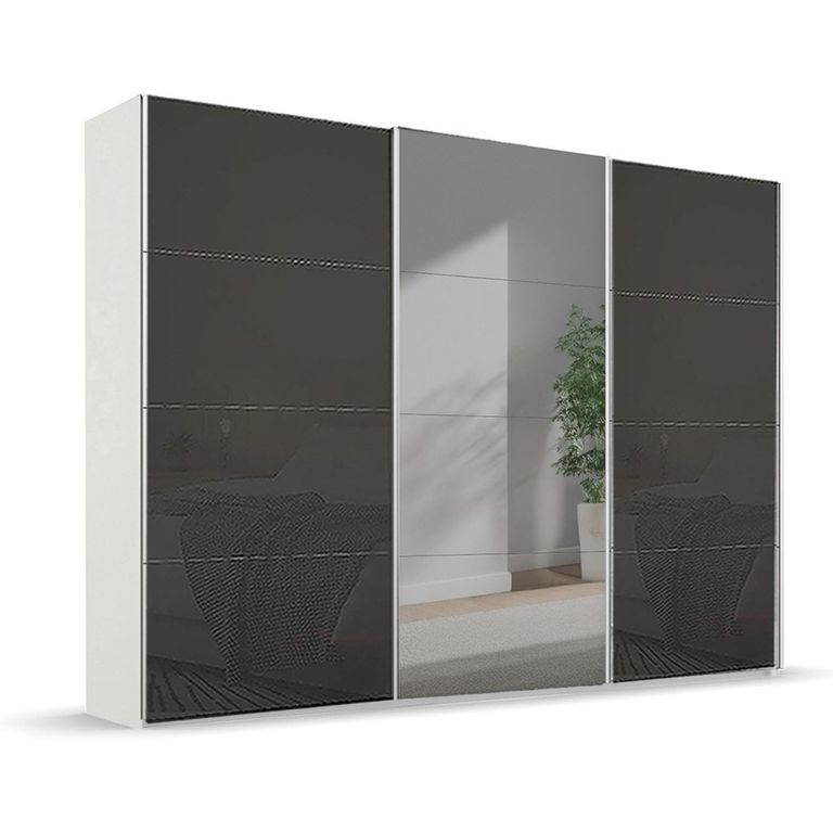Beluga Extra Sliding Wardrobe - 316cm - 3 Door - Mirror - Alpine White & Basalt Glass