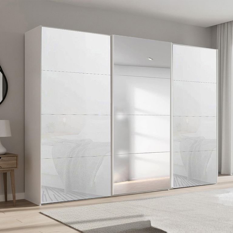 Beluga Extra Sliding Wardrobe - 316cm - 3 Door - Mirror - Alpine White & White Glass