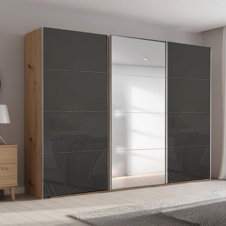 Beluga Extra Sliding Wardrobe - 316cm - 3 Door - Mirror - Artisan Oak & Basalt Glass