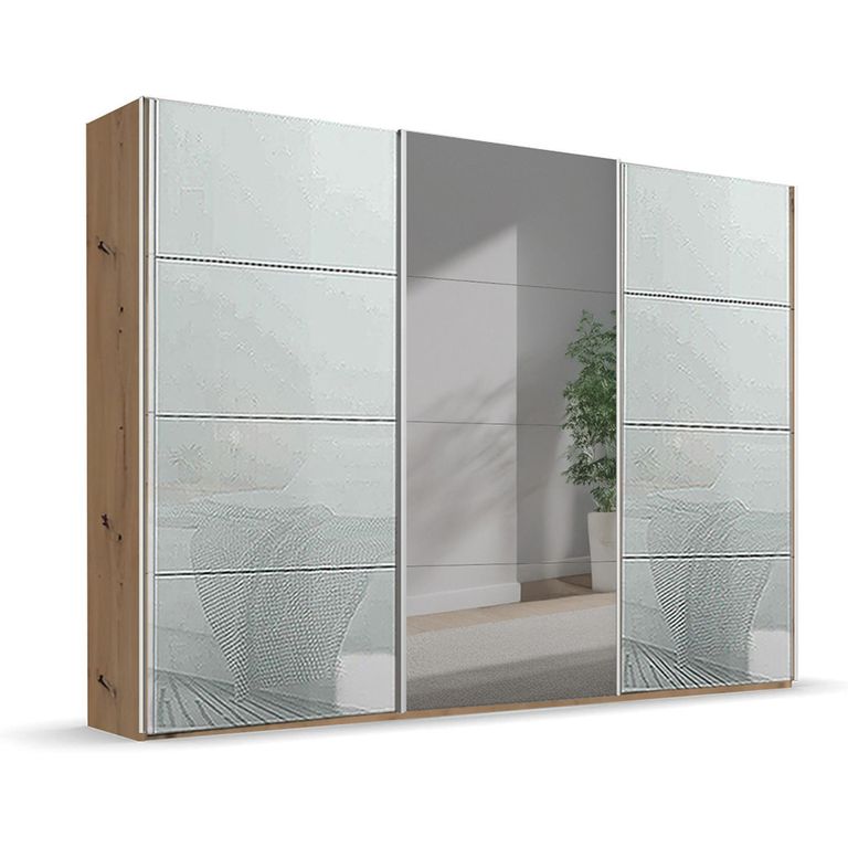 Beluga Extra Sliding Wardrobe - 316cm - 3 Door - Mirror - Artisan Oak & Silk Grey Glass