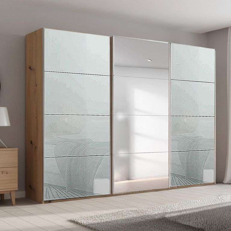 Beluga Extra Sliding Wardrobe - 316cm - 3 Door - Mirror - Artisan Oak & Silk Grey Glass