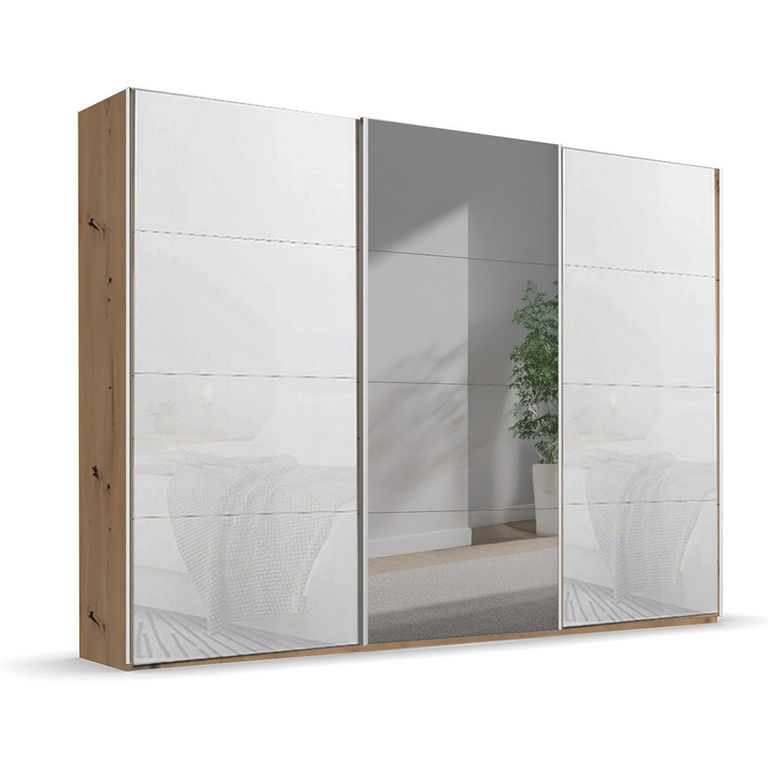 Beluga Extra Sliding Wardrobe - 316cm - 3 Door - Mirror - Artisan Oak & White Glass
