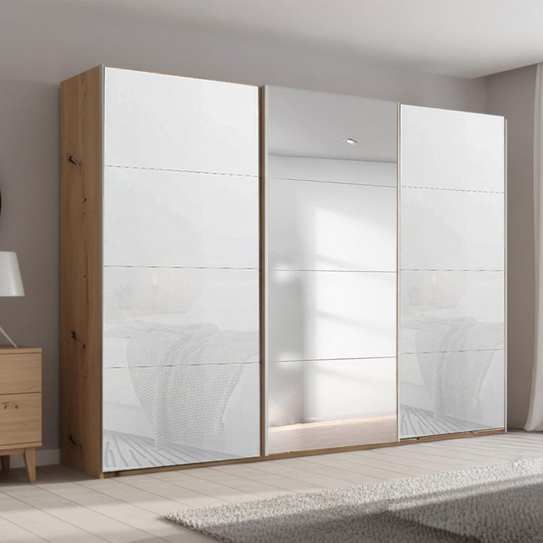 Beluga Extra Sliding Wardrobe - 316cm - 3 Door - Mirror - Artisan Oak & White Glass