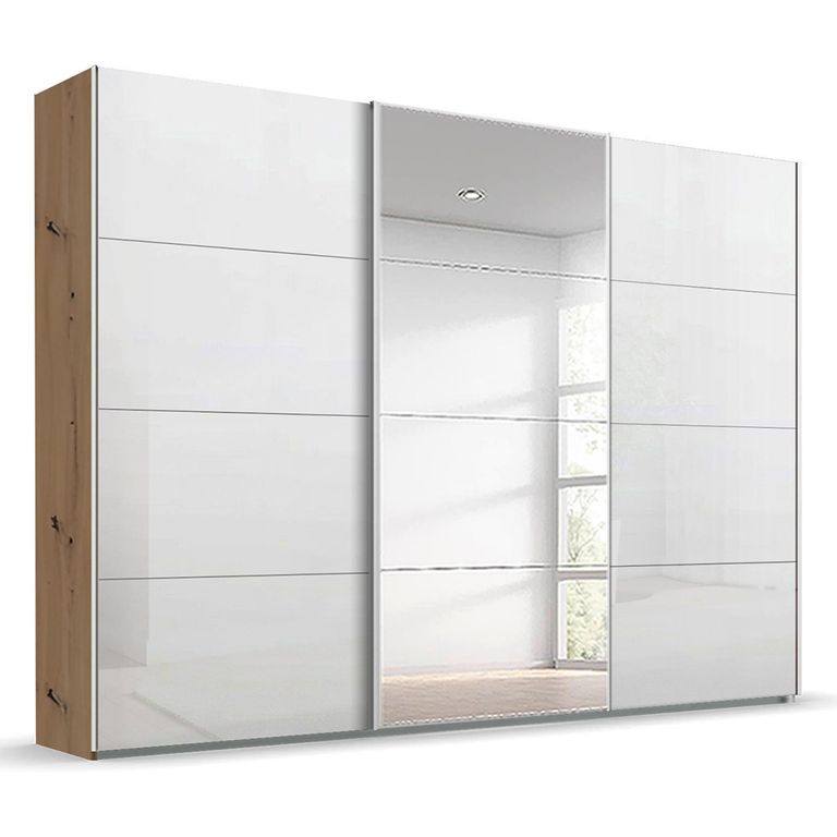 Beluga Extra Sliding Wardrobe - 316cm - 3 Door - Mirror - Artisan Oak & White High Gloss
