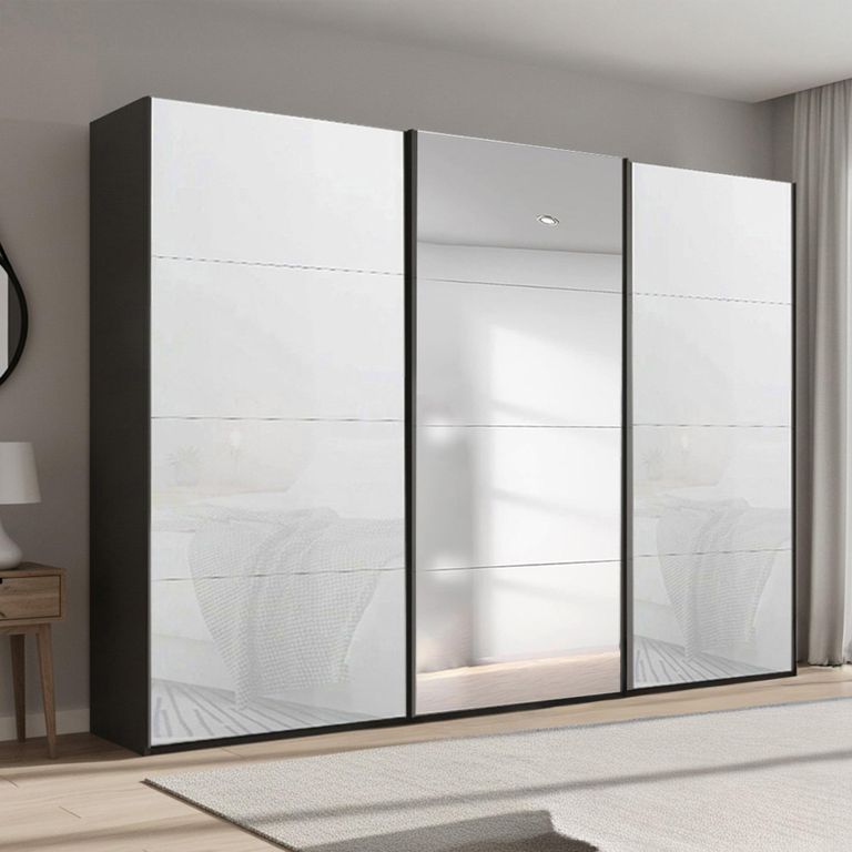 Beluga Extra Sliding Wardrobe - 316cm - 3 Door - Mirror - Graphite & White Glass