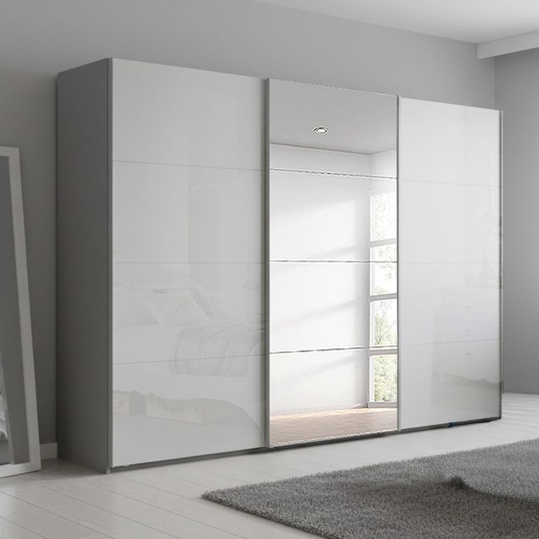 Beluga Extra Sliding Wardrobe - 316cm - 3 Door - Mirror - Silk Grey & White High Gloss
