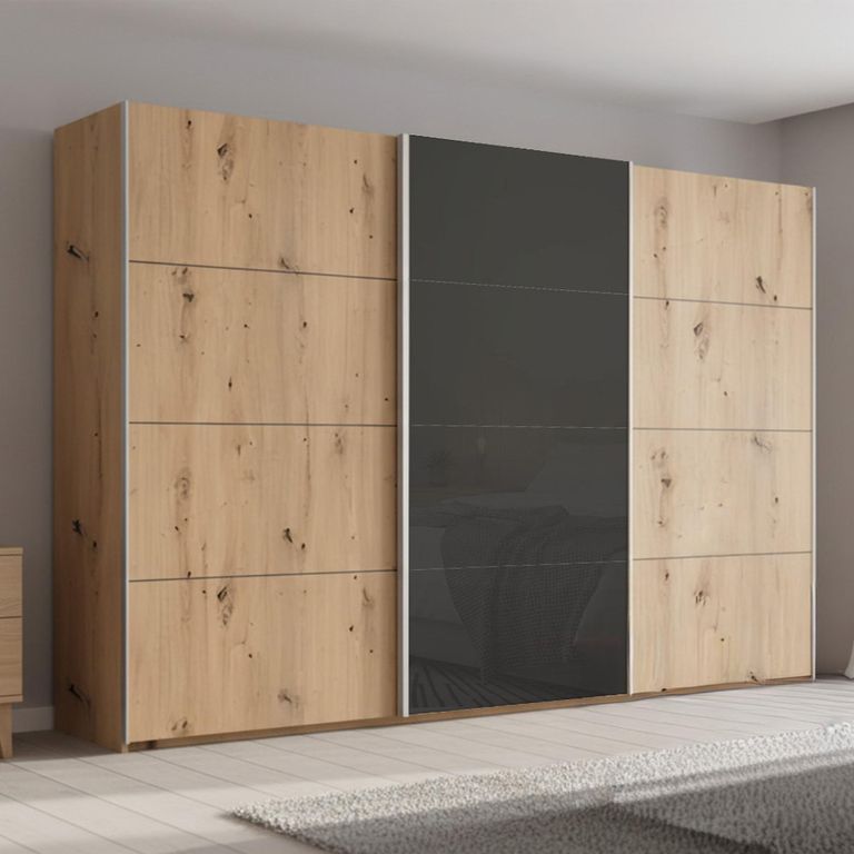 Beluga Extra Sliding Wardrobe - 361cm - 3 Door - Artisan Oak & Basalt Glass Front