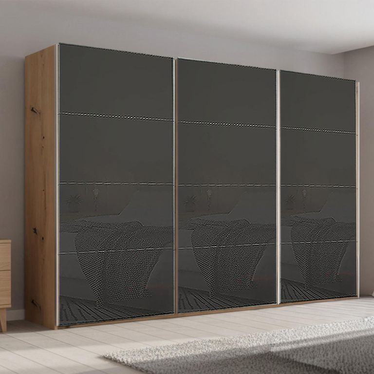 Beluga Extra Sliding Wardrobe - 361cm - 3 Door - Artisan Oak & Basalt Glass