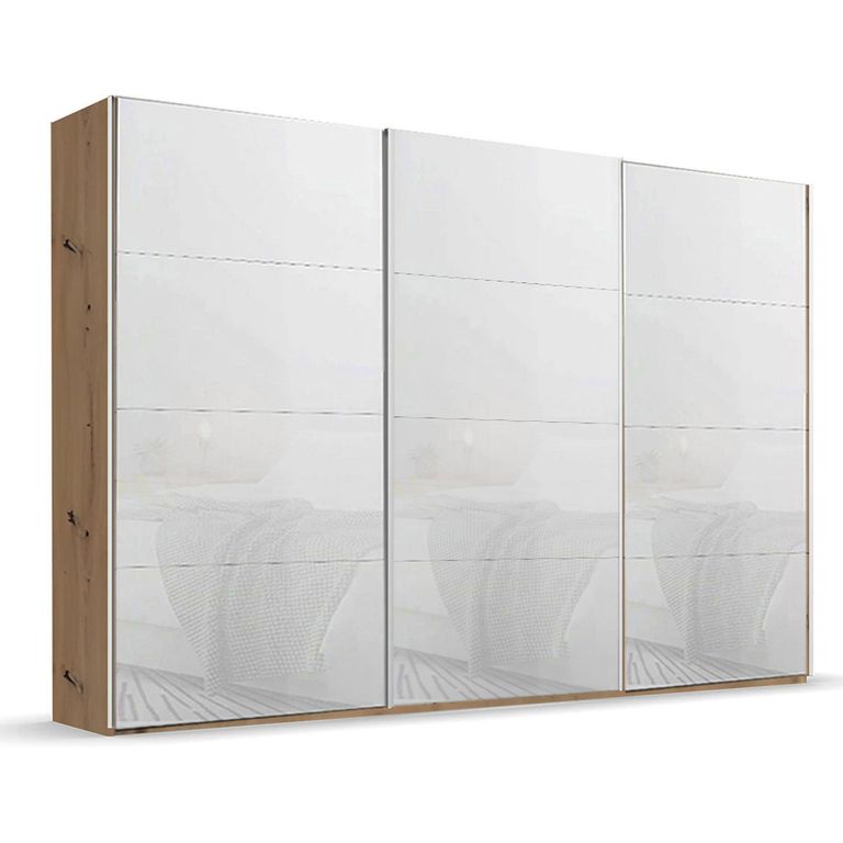Beluga Extra Sliding Wardrobe - 361cm - 3 Door - Artisan Oak & White Glass