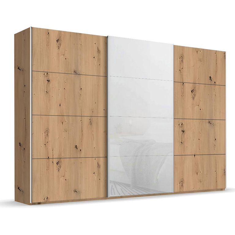 Beluga Extra Sliding Wardrobe - 361cm - 3 Door - Artisan Oak & White Glass Front