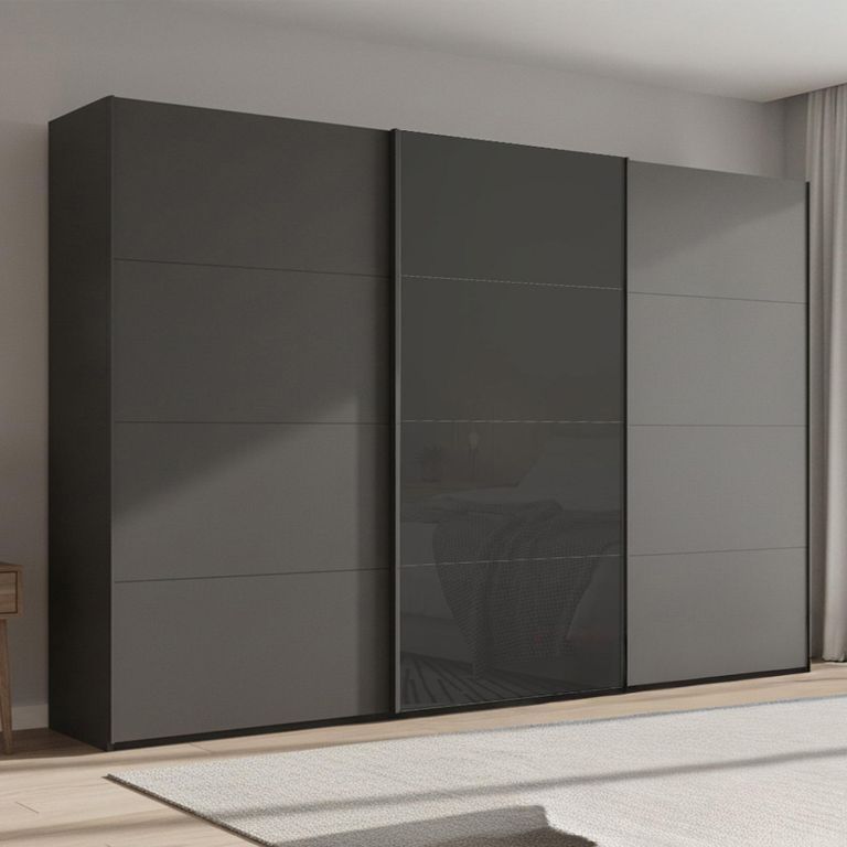 Beluga Extra Sliding Wardrobe - 361cm - 3 Door - Graphite & Basalt Glass Front