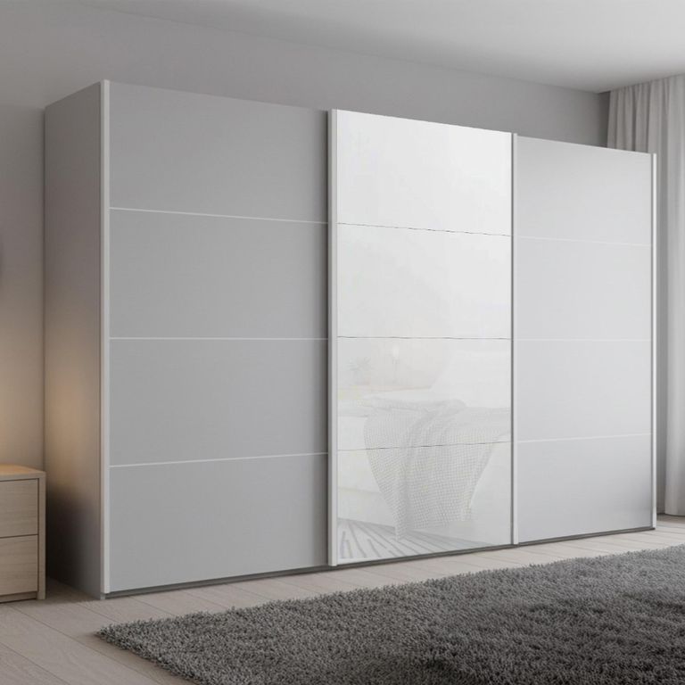 Beluga Extra Sliding Wardrobe - 361cm - 3 Door - Silk Grey & White Glass Front