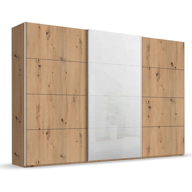 Beluga Extra Sliding Wardrobe - 361cm - 3 Door - White High Gloss & Artisan Oak Front