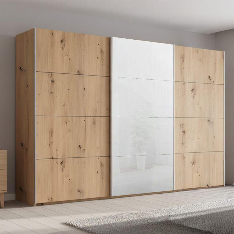 Beluga Extra Sliding Wardrobe - 361cm - 3 Door - White High Gloss & Artisan Oak Front