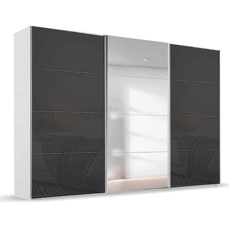 Beluga Extra Sliding Wardrobe - 361cm - 3 Door - Mirror - Alpine White & Basalt Glass