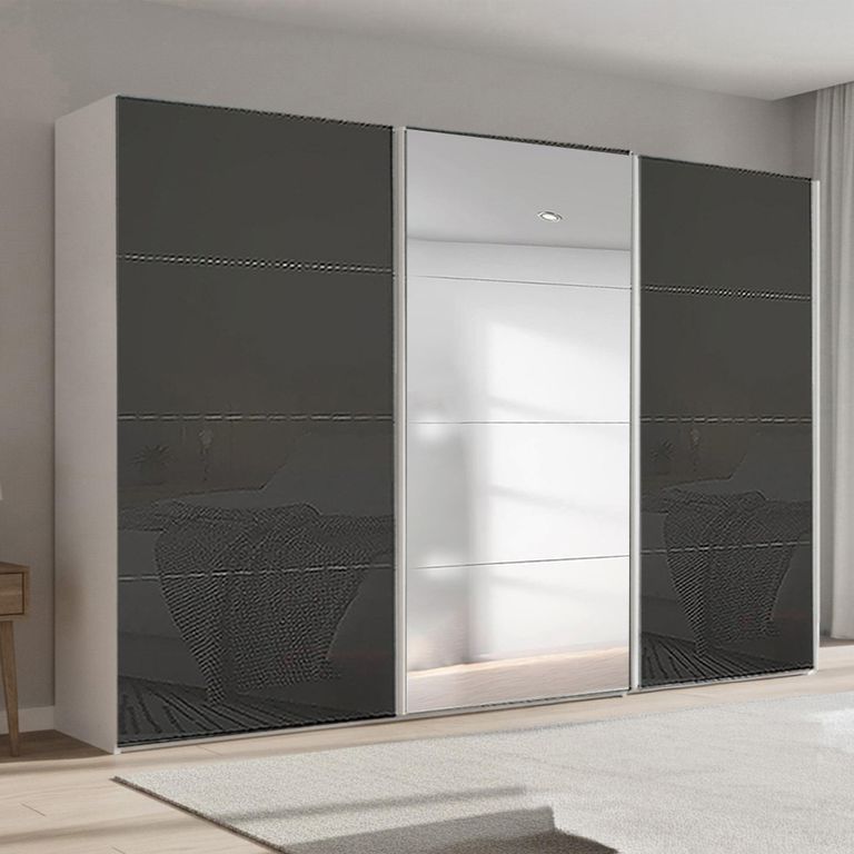 Beluga Extra Sliding Wardrobe - 361cm - 3 Door - Mirror - Alpine White & Basalt Glass