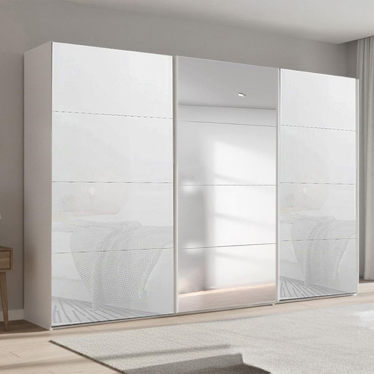 Beluga Extra Sliding Wardrobe - 361cm - 3 Door - Mirror - Alpine White & White Glass