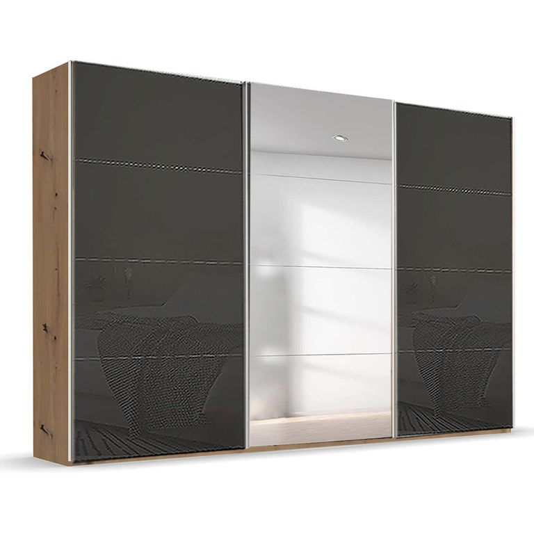 Beluga Extra Sliding Wardrobe - 361cm - 3 Door - Mirror - Artisan Oak & Basalt Glass