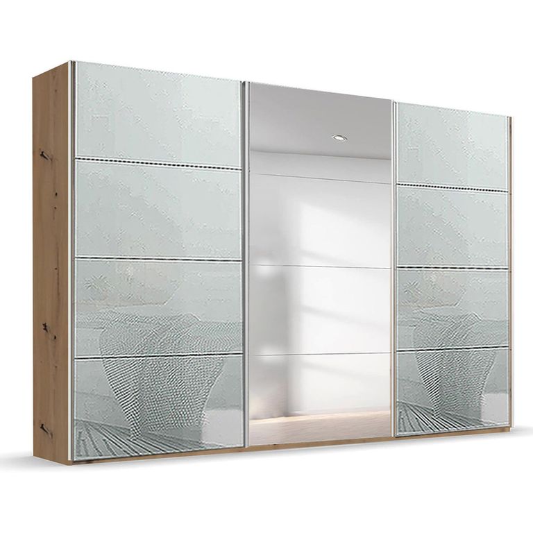 Beluga Extra Sliding Wardrobe - 361cm - 3 Door - Mirror - Artisan Oak & Silk Grey Glass
