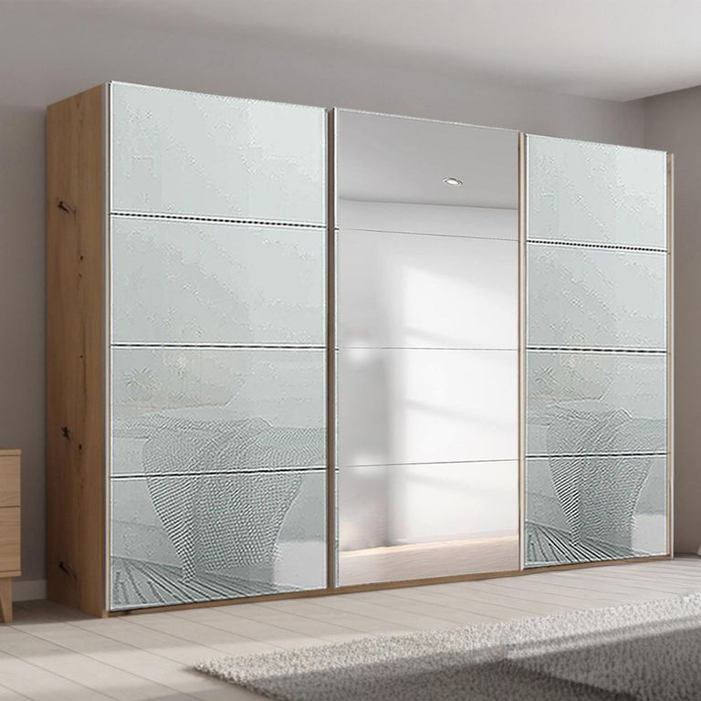Beluga Extra Sliding Wardrobe - 361cm - 3 Door - Mirror - Artisan Oak & Silk Grey Glass
