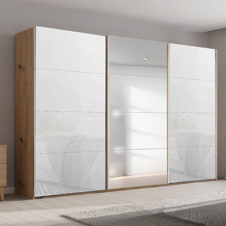 Beluga Extra Sliding Wardrobe - 361cm - 3 Door - Mirror - Artisan Oak & White Glass