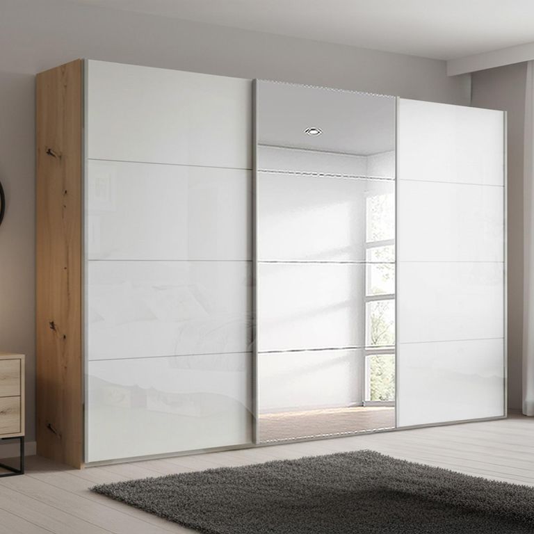 Beluga Extra Sliding Wardrobe - 361cm - 3 Door - Mirror - Artisan Oak & White High Gloss