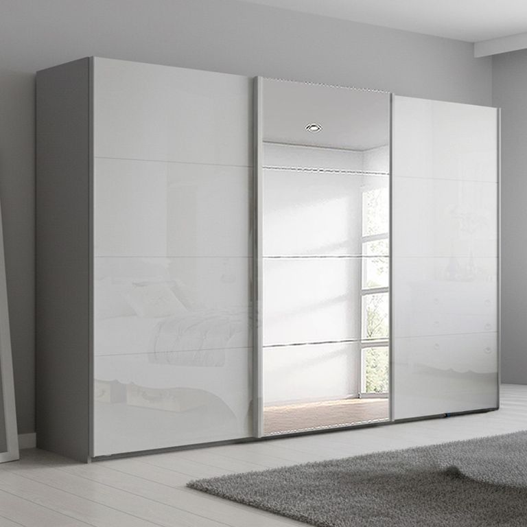 Beluga Extra Sliding Wardrobe - 361cm - 3 Door - Mirror - Silk Grey & White High Gloss