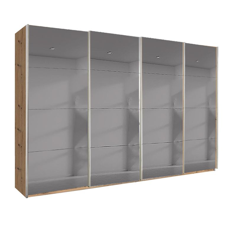 Beluga Extra Sliding Wardrobe - 361cm - 4 Door - Grey Mirrored - Artisan Oak
