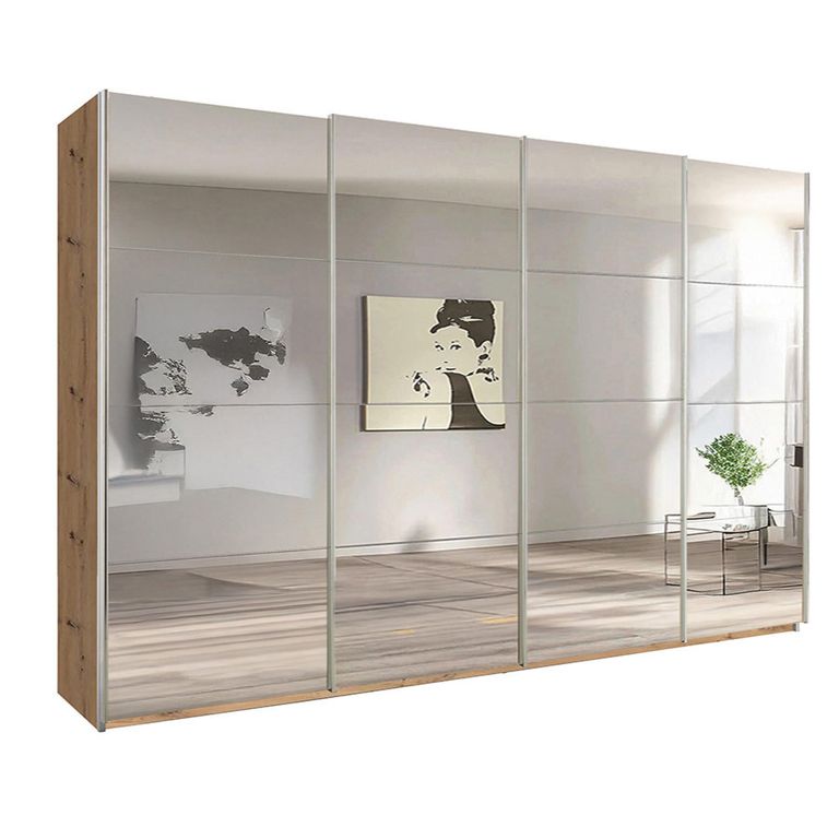 Beluga Extra Sliding Wardrobe - 361cm - 4 Door - Mirrored - Artisan Oak