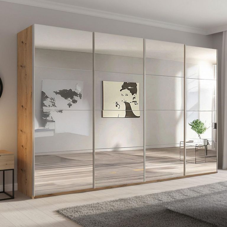 Beluga Extra Sliding Wardrobe - 361cm - 4 Door - Mirrored - Artisan Oak