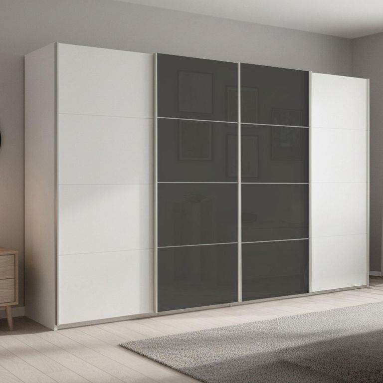 Beluga Extra Sliding Wardrobe - 361cm - 4 Door - Alpine White & Basalt Glass Front