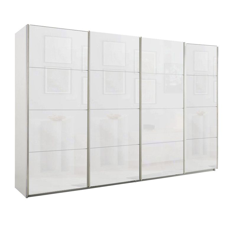 Beluga Extra Sliding Wardrobe - 361cm - 4 Door - Alpine White & White Glass
