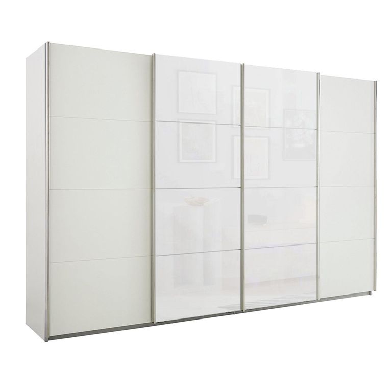 Beluga Extra Sliding Wardrobe - 361cm - 4 Door - Alpine White & White Glass Front