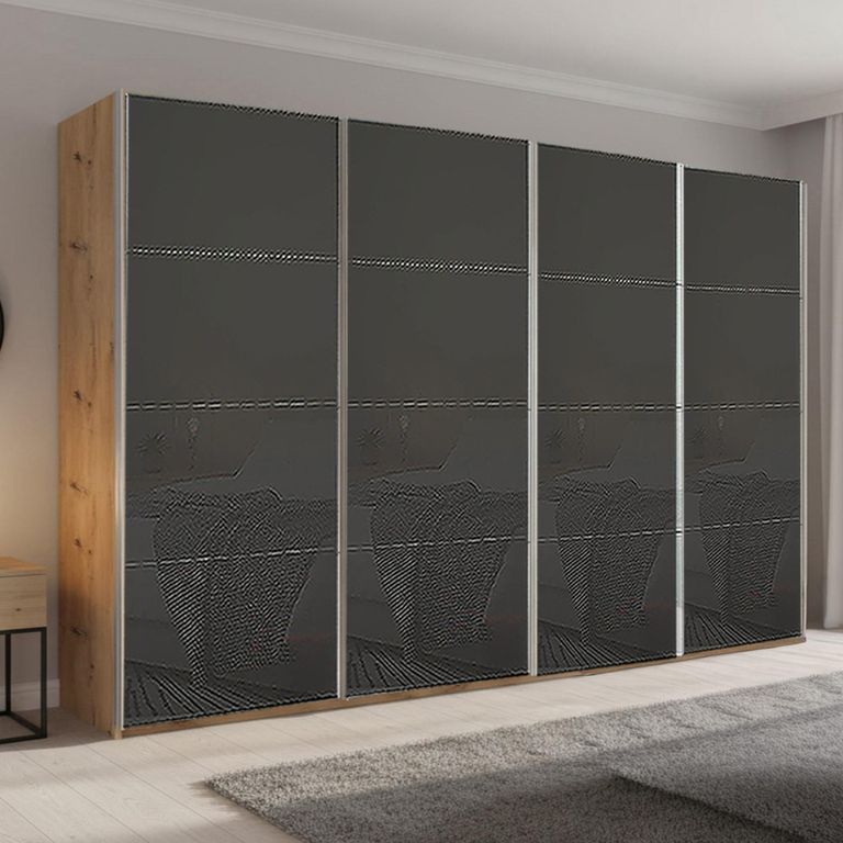 Beluga Extra Sliding Wardrobe - 361cm - 4 Door - Artisan Oak & Basalt Glass