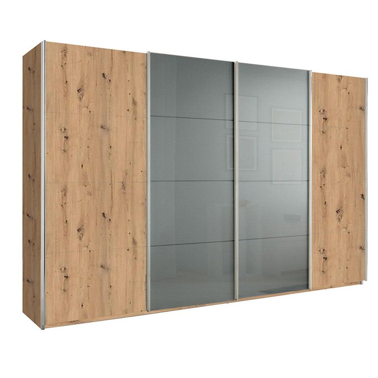Beluga Extra Sliding Wardrobe - 361cm - 4 Door - Artisan Oak & Silk Grey Glass Front